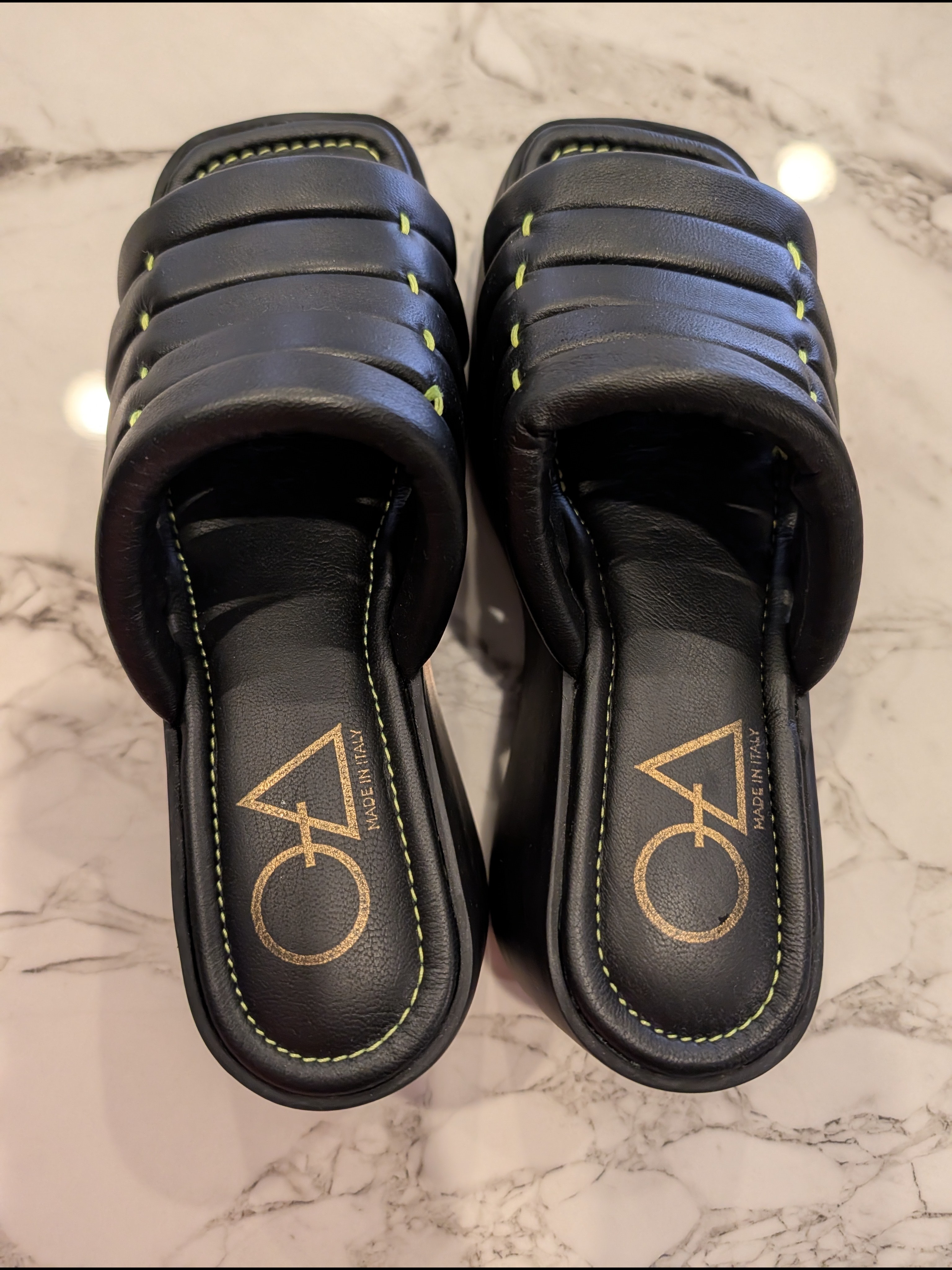 Ao Black Leather Slide Sandals With Lime Stitching